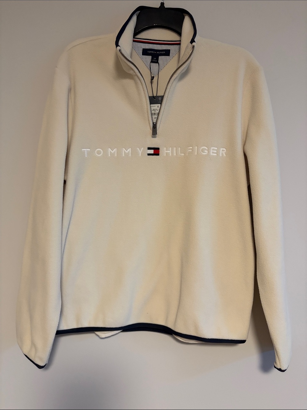 Tommy Hilfiger Women Cream Zip-Up Fleece Sweater with Logo
